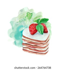 vector watercolor cake with mint and strawberry.   It can be used for card, postcard, cover, invitation, wedding card, mothers day card, birthday card, menu, recipe