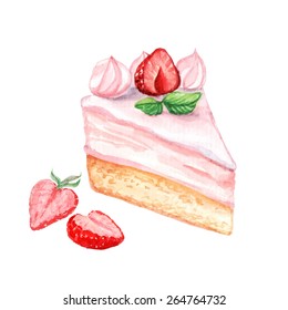 vector watercolor cake, piece of cake.   It can be used for card, postcard, cover, invitation, wedding card, mothers day card, birthday card, menu, recipe.