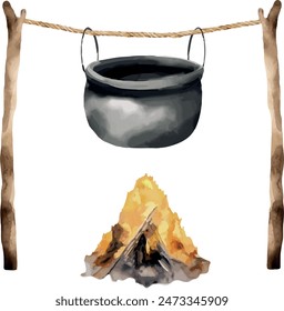 Vector Watercolor camping clipart, trip, fire, cauldron, camping halt, illustrations for camping trip, invitation, greeting cards, birthday, event, holiday, wedding card, printable.