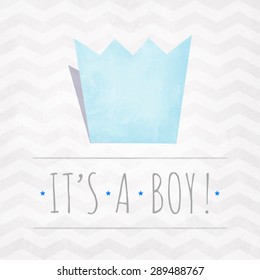 Vector watercolor card IT'S A BOY with crown and stars