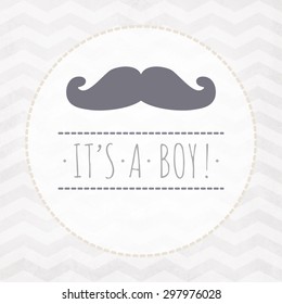 Vector watercolor card ITS A BOY with mustache on a zigzag pattern