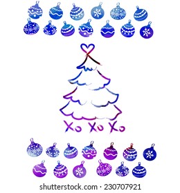 vector watercolor card Christmas decorations and Christmas tree in bright colors