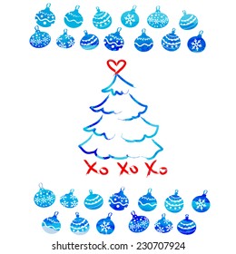 vector watercolor card Christmas decorations and Christmas tree in bright colors
