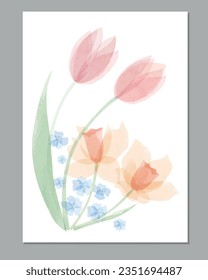 Vector watercolor card with daffodils, tulips and forget-me-nots