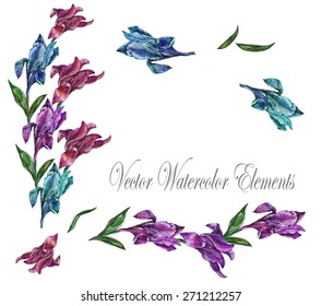 Vector watercolor card with irises. Invitation card for wedding, summer background and other holidays. Vector illustration.