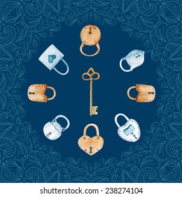 vector watercolor card with key and locks.  It can be used for card, postcard, cover, invitation,  birthday card.