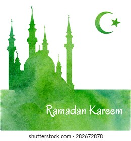 Vector watercolor card with a mosque and an islamic religious sign. Green background with silhouettes of crescent with star and mosque. Ramadan Kareem greeting.