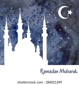 Vector watercolor card with a mosque and an islamic religious sign. Night sky background with white silhouettes of crescent with star and mosque. Ramadan Mubarak greeting.