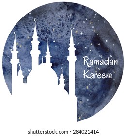 Vector watercolor card with a mosque and an islamic religious sign. Night sky background with white silhouette of the mosque. Ramadan Kareem greeting.