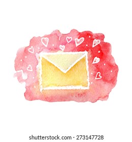 vector watercolor cartoon envelope with hearts. It can be used for card, postcard, cover, invitation, wedding card, mothers day card, birthday card.