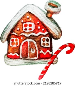 Caricatura de acuarela vectorial de una casa de jengibre cubierta de nieve con una lata dulce