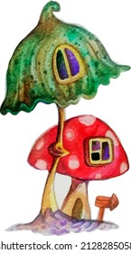 Vector watercolor cartoon image of two forest toadstool mushrooms in the form of houses