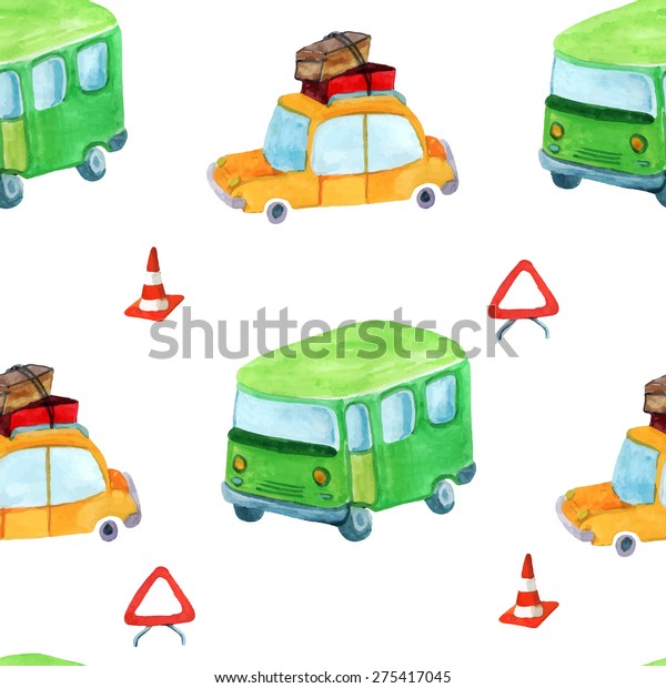 vector watercolor cartoon transport\
seamless pattern. It can be used for card, postcard, cover,\
invitation, birthday card, wallpaper, wrapping\
paper
