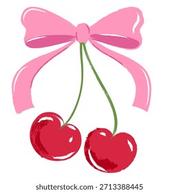 Cereza de acuarela de Vector con cinta de lazo rosa. Dibujado a mano ilustración de bayas aisladas. Elemento de diseño de impresión vintage