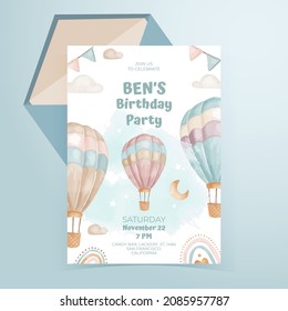 Vector watercolor childish birthday party poster for boys with baloons