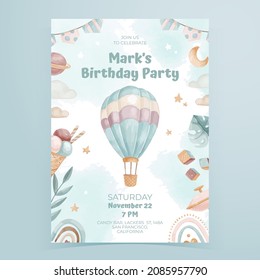 Vector watercolor childish birthday party poster for boys with baloon