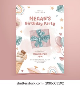 Vector watercolor childish birthday party poster for girls with present
