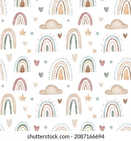 Vector watercolor childish boho seamless pattern with rainbows