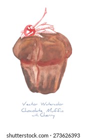 A vector watercolor chocolate muffin with cherry