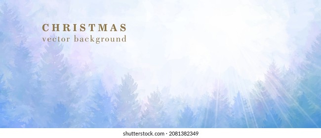 Vector watercolor Christmas art background with blue sky, sunbeams and winter forest. Hand drawn vector texture. Brushstrokes. Template for cards, flyer, poster, banner. Merry Christmas! Winter.