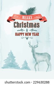 Vector watercolor Christmas background.  Watercolor frozen trees and a deer in snow.