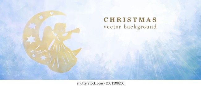 Vector watercolor Christmas background with gold angel and blue sky Stars. Hand drawn vector texture. Blue and yellow brushstrokes. Template for cards, flyer, poster, banner. Merry Christmas! Winter.
