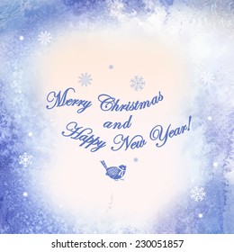 Vector Watercolor Christmas background. Watercolor.  Hand painted. Blue background with snowflakes.   
