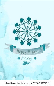 Vector watercolor Christmas background.  Watercolor winter frozen snowflake.