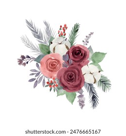 Vector Watercolor christmas bouquet with roses and cotton flowers. Isolated on white background.