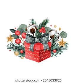 Vector watercolor Christmas composition with big present and a bow with nature elements and stars