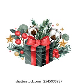 Vector watercolor Christmas composition with big present and a bow with nature elements and stars