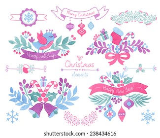 Vector Watercolor christmas design elements.