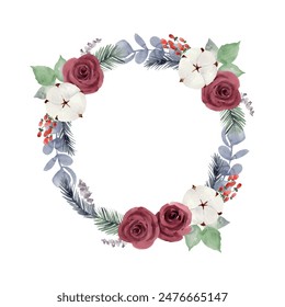 Vector watercolor christmas frame with roses and cotton flowers. Isolated on white background.