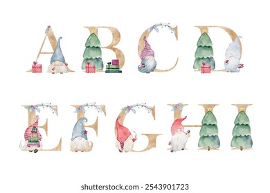 Vector watercolor christmas gnomes letters for invitation card, nursery poster and other. Wall art decor.