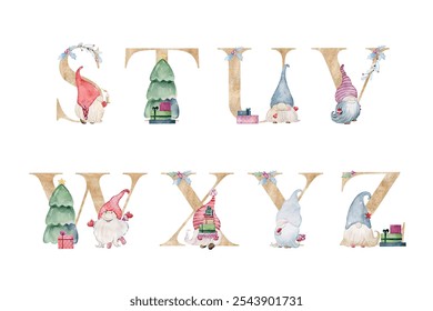 Vector watercolor christmas gnomes letters for invitation card, nursery poster and other. Wall art decor.