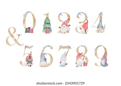 Vector watercolor christmas gnomes numbers for invitation card, nursery poster and other. Wall art decor.