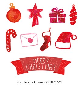 Vector watercolor Christmas icons and Ribbon with text greetings