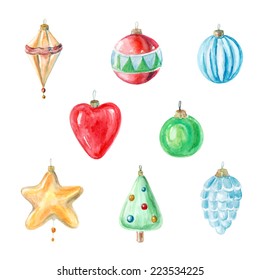 Vector Watercolor Christmas And New Year Decorations. It Can Be Used For Wrapping Paper, Card, Postcard, Poster, Banner.