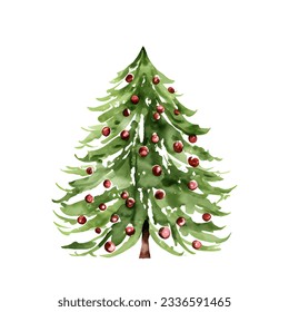 Vector watercolor Christmas tree with balls isolated on white