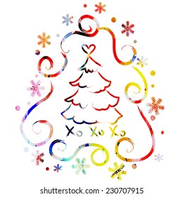 vector watercolor Christmas tree in bright colors and snowflakes