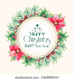 vector Watercolor Christmas Wreath  decoration with frame 