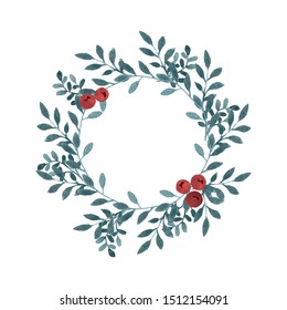 Vector watercolor christmas wreath. Winter painting illustration. Winter leafs with berry's. holiday frame.