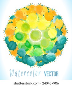 Vector watercolor circle with colorful rainbow blobs.  Watercolor   paint drops,  splashes isolated on white background.