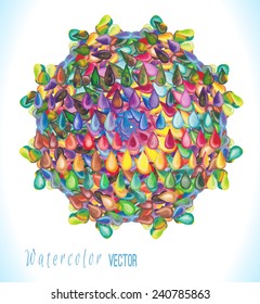 Vector watercolor circle with colorful rainbow drops. Watercolor paint drops  isolated on white background. 