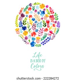 Vector watercolor circle design made of flowers. Botanical decoration, lettering. Floral card with copy space