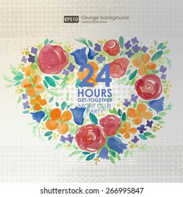 Vector watercolor circle design made of flowers. Botanical decoration, lettering. Floral card with copy space