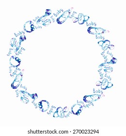 Vector watercolor circle frame with baby bottle, rattle and pacifier.