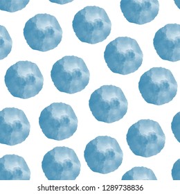Vector watercolor circles blue seamless pattern tile. Hand drawn circles background. Round shapes backdrop. Blue polka dots. Painted ornament. Use for fabric, digital paper, web banner, decoration.