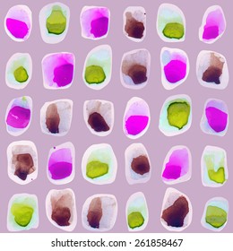 Vector watercolor circles isolated on a pink background. Hand painted ornament. Grunge colorful rounds shapes. Pink, brown, green colors. Vector watercolor. 