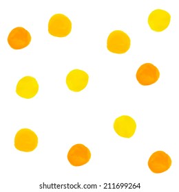 Vector watercolor circles seamless pattern. Retro hand drawn yellow circle shapes background. Grunge colorful stain watercolors. Polka dot painted.
